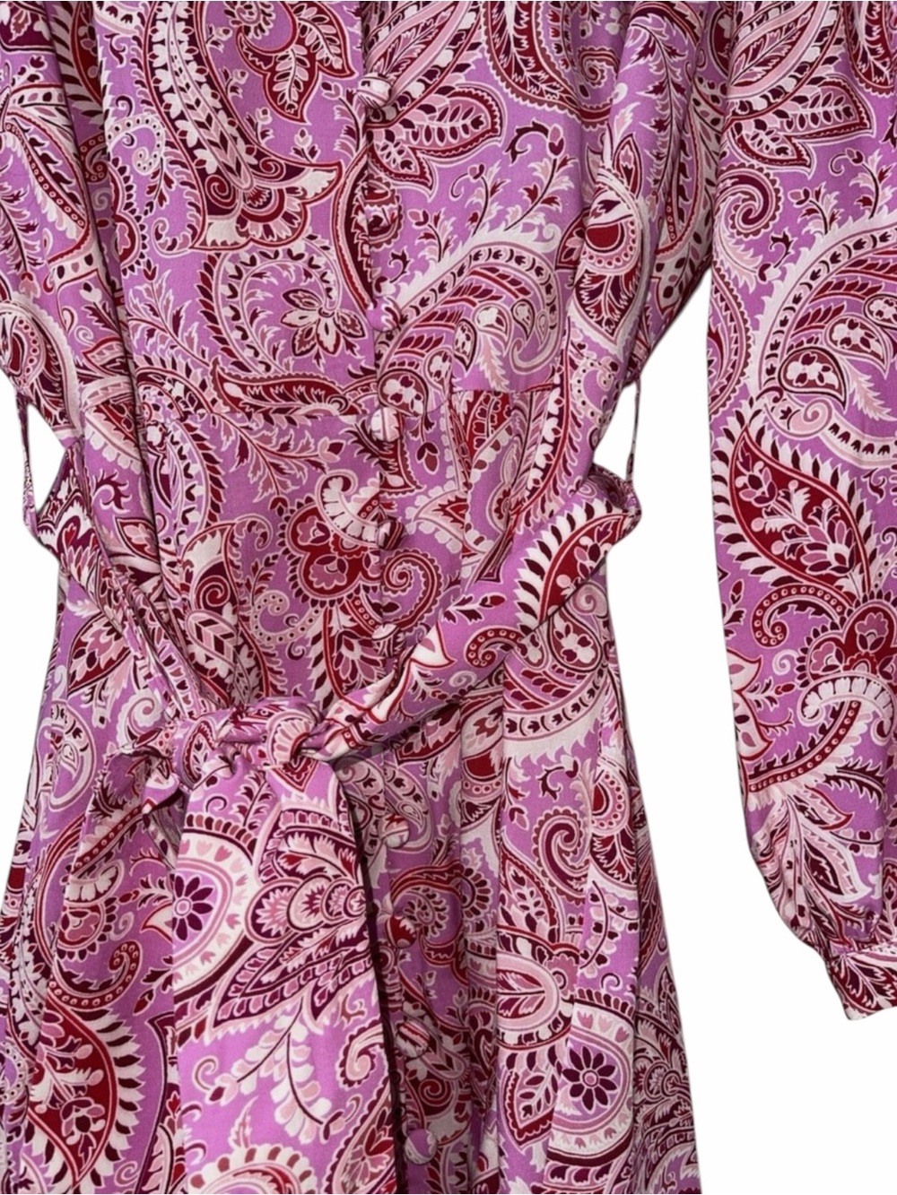 Zara Paisley Shirt Dress Tie Waist Button Front Ruffle Boho Pink XL RUNS SMALL - Picture 11 of 16